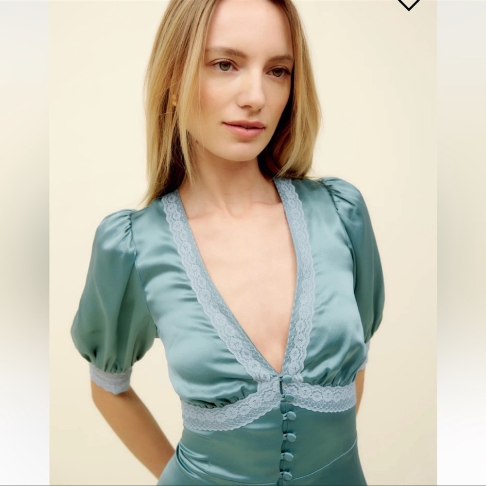 Reformation Birgitta Silk Mini Dress Verdigris - Picture 4 of 11